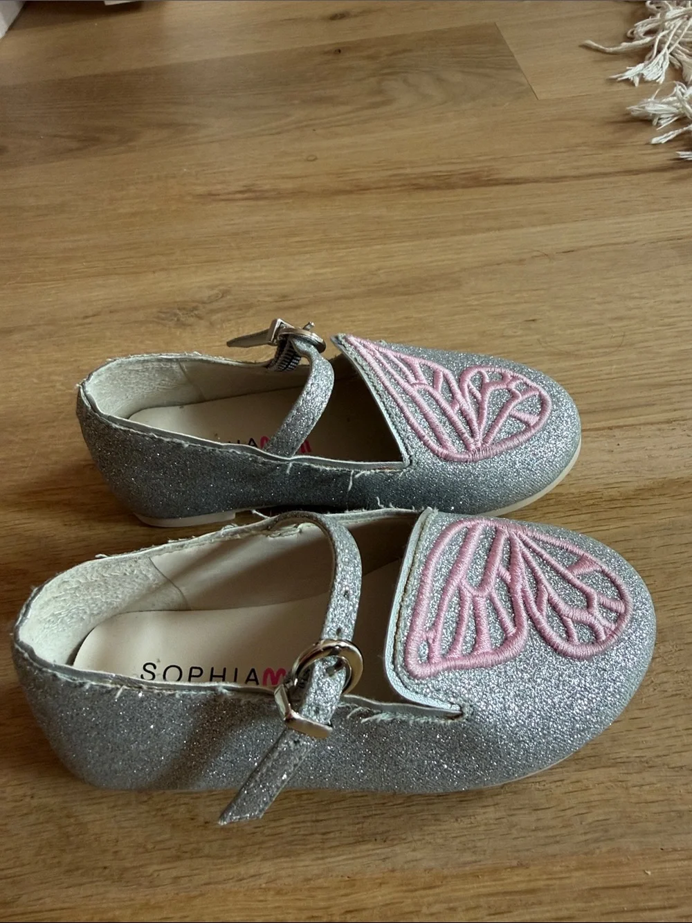 Sophia Webster Mini Butterfly Flat - Glimmer Silver. Size 24